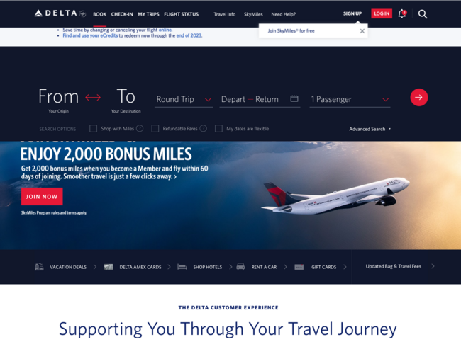 達美航空公司首頁截圖，僅供參考