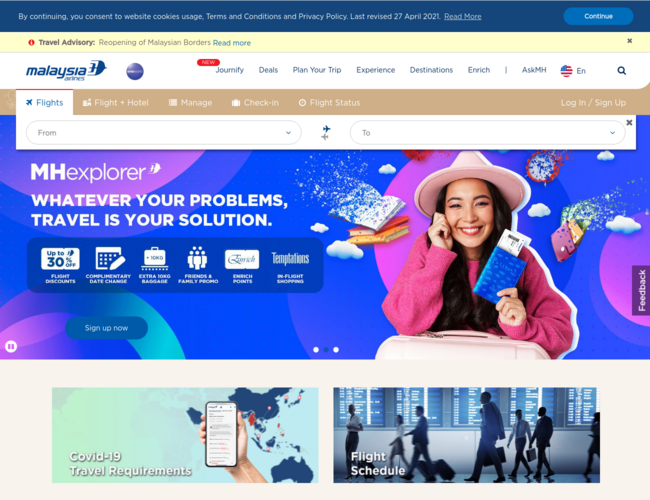 Malaysia Airlines 馬來西亞航空首頁截圖，僅供參考