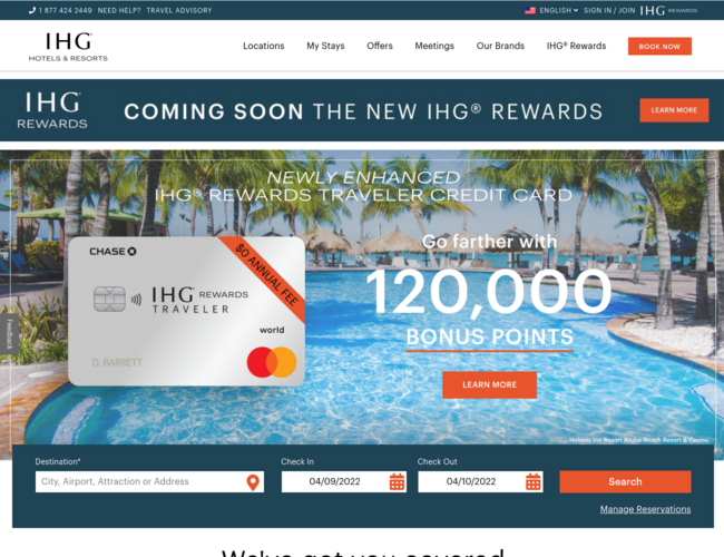 IHG洲際酒店集團(tuán)首頁(yè)截圖，僅供參考